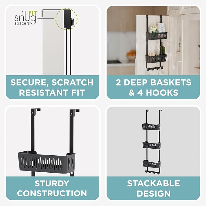 Zenna Home SnugFit Over the Door Caddy Organizer with 2 Storage Baskets and 4 Hooks, Over Door Hanging Organizer for Bathroom