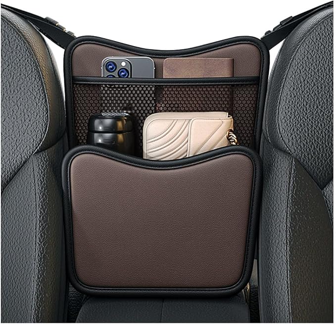 Car Organizer Storage Between Seats, Leather Large Capacity Automobile Handbag Hanging Store Content Bag, Auto Console Organizer Holder for Snack Phone Document Storages, Car Accessories (Brown)