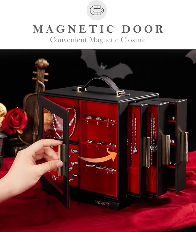Homde Jewelry Box 360° Rotating, Necklace Earring Organizer with Transparent Window, Mirror, 7 Drawers, Large Ring Display St