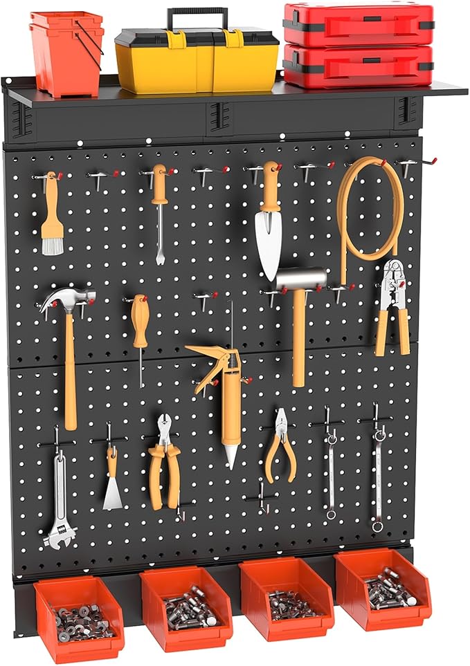 TORACK Garage Metal Pegboard with Accessories, Tools Organizer Peg Board with Pegboard Hooks, Wall Mounted Bins, Tool Storage