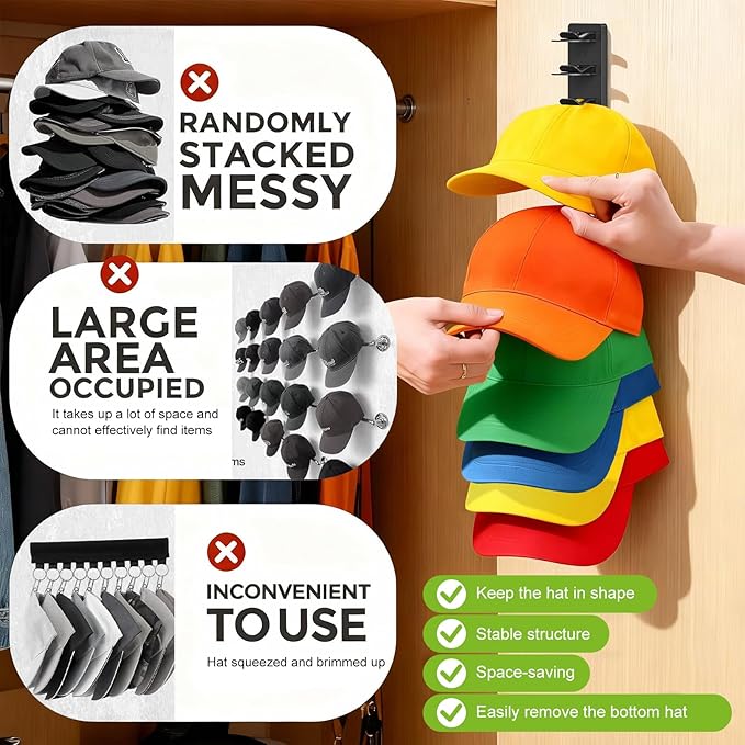 Haiou Hat Rack Hat Organizer for Baseball Caps Wall Mounted Hat Hanger Strong Adhesive Hat Hooks Hold up to 16 Hats for Home 