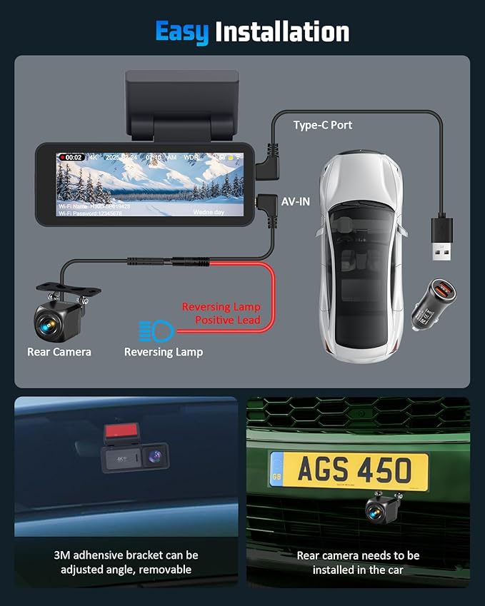 4K Dash Cam, 4K+2K Dash Cam Front and Rear W/ 5GHz WiFi & APP Control 64GB Included, 3.2" IPS Screen Car Dash Cam W/ 24H Park