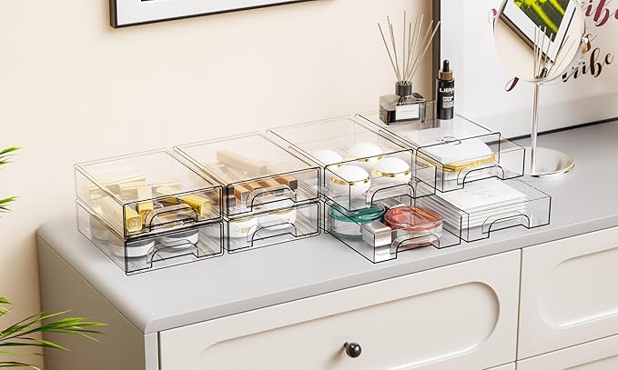 Yieach 12 Pack Clear Stackable Storage Drawers,2.2'' Acrylic Drawer Organizers for Countertop,Office Supply Organizer and Mak