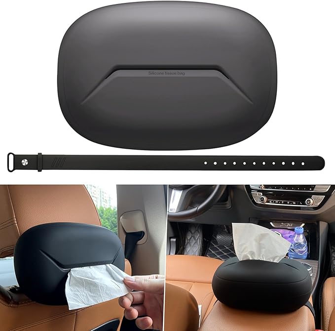 Car Tissue Holder,Silicone Tissue Box Cover with Adjustable Strap,Car Tissue Box Organizer for Backseat, Center Console and Sun Visor(7.4 * 5.1 * 2.5in)