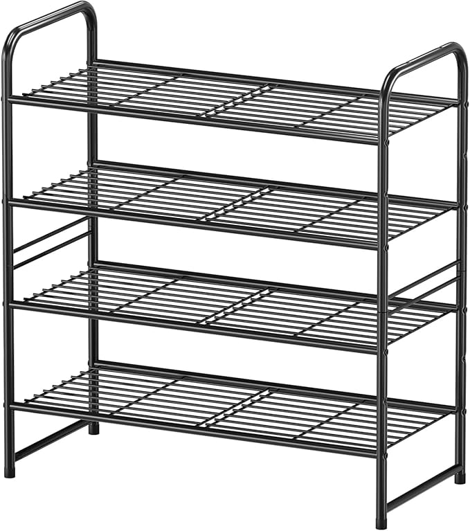 Shoe Rack 4 Tier, Closet Metal Shoe Organizer Shelf for Entryway Heavy Duty, Stackable, Black