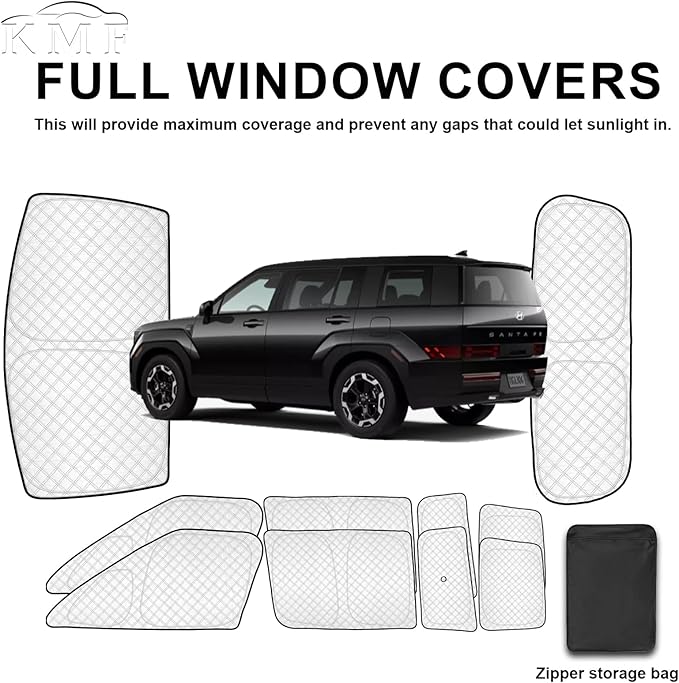 KMF 10pcs Thicken Sun Shades for Hyundai Santa Fe 2024-2025 2026 Accessories,Full Car Windshield Sunshade Window Covers for Side Rear,UV Block and Blackout Privacy for Camping