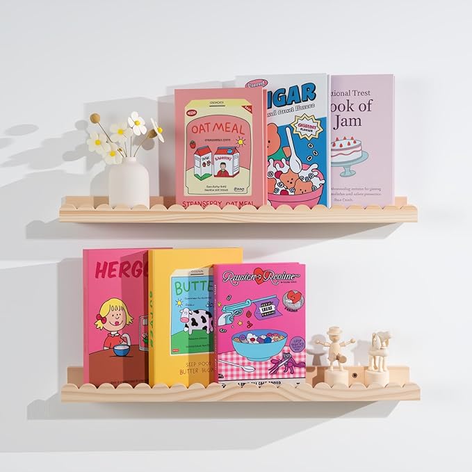 NEXHOME PRO Nursery Book Shelves, 2-Pack Solid Pine Wood Floating Shelves for Wall Kids, Wall Mounted Shelves for Bedroom/Liv