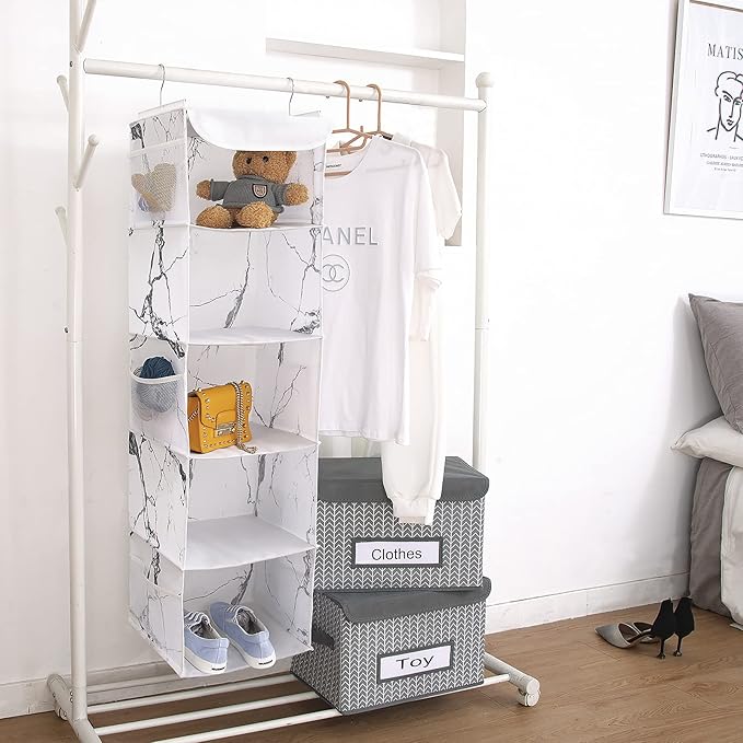 BrilliantJo 5 Shelves Hanging Closet Organizer, 2 Pack Hanging Storage with 6 Side Pockets for Clothes Shoes, 43"x12"x12"(Mar