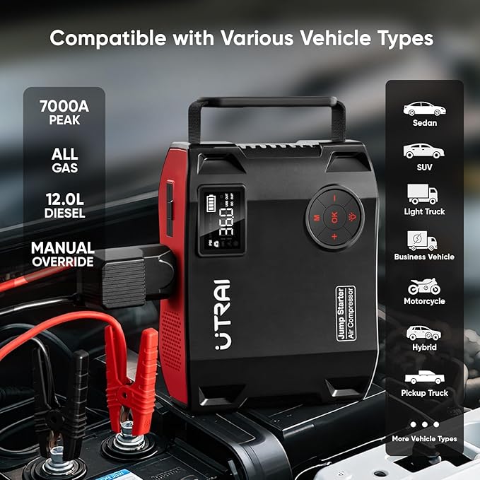 UTRAI Jump Starter with Air Compressor, 7000A 27000mAh Car Starter Jump Box with 150PSI Tire Inflator, Portable Jump Pack (All Gas/10L Diesel), DC160W, QC3.0 Jumper Cables, 1600LM Light