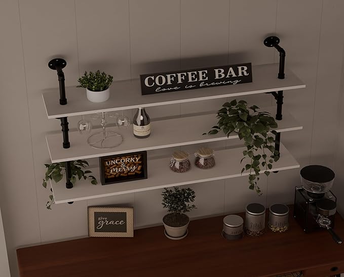 Industrial Pipe Shelving Rustic White Pipe Wall Shelves Industrial Shelves with Wood Planks Floating Shelves 48 Inch Farmhous