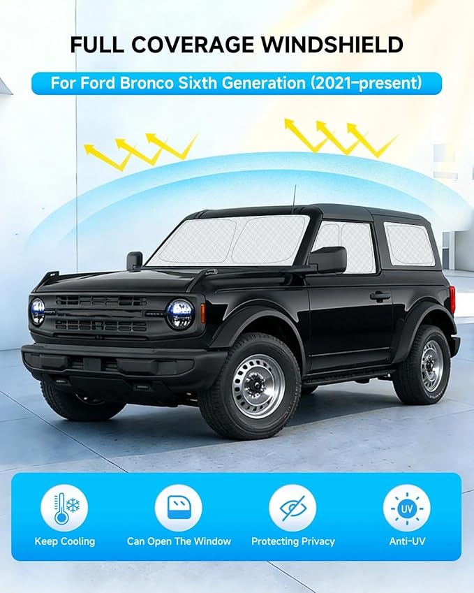 8pcs Windshield Sun Shades for Ford Bronco 2021-now，Accessories, Reflective Thicken Full Car Window Covers Sunshade for Windshield Side Rear, UV Block and Blackout Privacy for Camping Napping