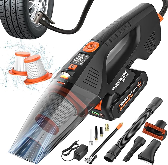 THINKWORK 20V Car Vacuum & Air Inflator, Dual Function High Power Handheld Cordless Vacuum with 18000pa Suction Power for Car