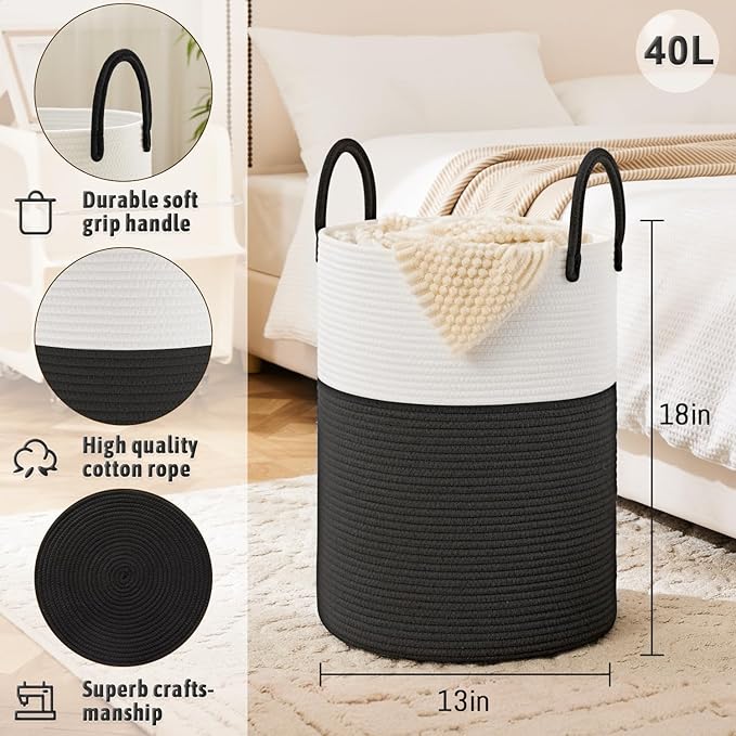 Artfeel Laundry Basket,Woven Cotton Rope Laundry Hamper,40L for Decorative Storage of Dirty Clothes,Toys and Blankets in Bath