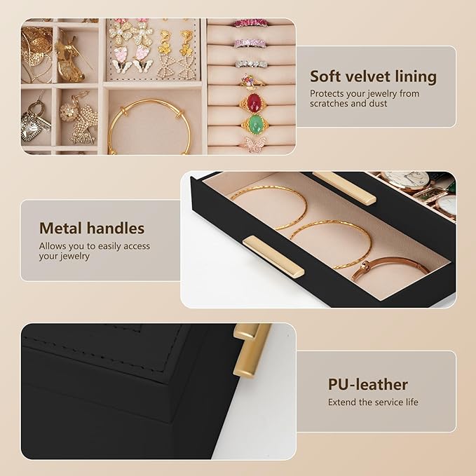 3-Layer Jewelry Box for Women, Jewelry Organizer with Glass Lid and Drawers, Jewelry Organizers and Storage for Necklaces, Ri