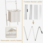 BAMBANG Bamboo Blanket Ladder with Basket, 5-Tier Quilt Rack Stand with 4 Hooks & Storage Hamper for Living Room Bathroom, Wa
