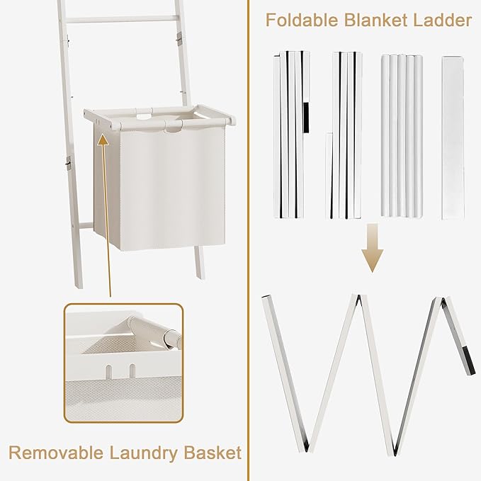 BAMBANG Bamboo Blanket Ladder with Basket, 5-Tier Quilt Rack Stand with 4 Hooks & Storage Hamper for Living Room Bathroom, Wa