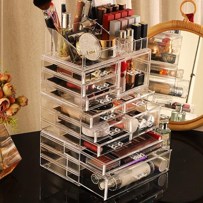 Cq acrylic Clear Makeup Storage Organizer Drawers Skin Care Large Cosmetic Display Cases Stackable Storage Box With 11 Drawer