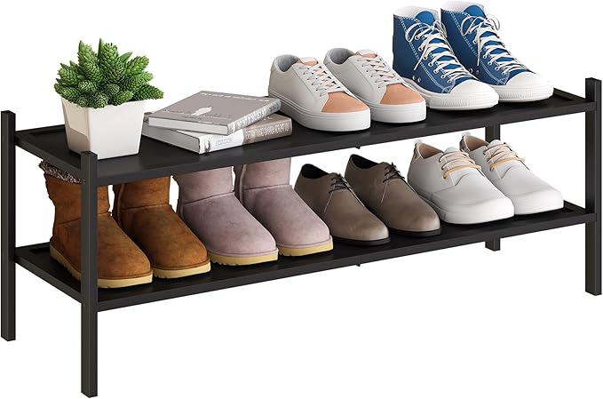 BMOSU 2-Tier Bamboo Extended Shoe Rack Premium Stackable Shoe Shelf Storage Organizer for Hallway Closet Living Room Entryway