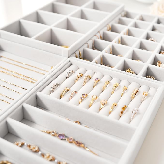Velvet Jewelry Drawer Organizer Trays – White Stackable Jewelry Storage Inserts Set, 4-Layer Jewelry Tray Set for Earrings, R