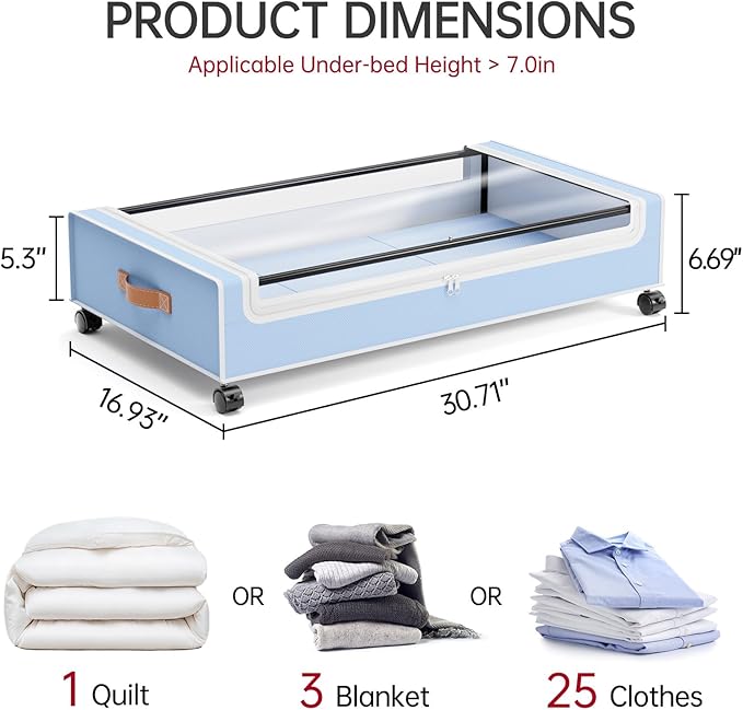 Yecaye Under Bed Storage with Wheels, 2 Pack Under Bed Storage Containers, 60L Underbed Shoe Storage with Clear Window & Labe