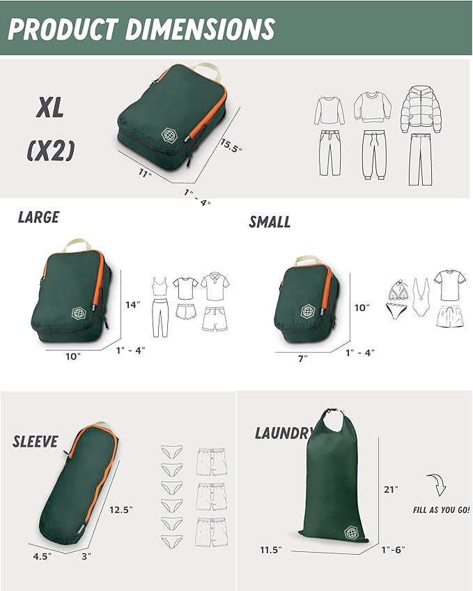 TRIPPED XL Compression Packing Cubes — 7-Piece Set for Checked Luggage | Extra-Large (15.7"×11"×4") + Large + Small + Tube + 