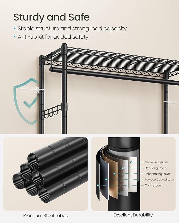 SONGMICS Heavy-Duty Rolling Clothes Rack, Garment Rack, Portable Closet, 43.3-Inch Wide Clothing Rack on Wheels, with Adjusta
