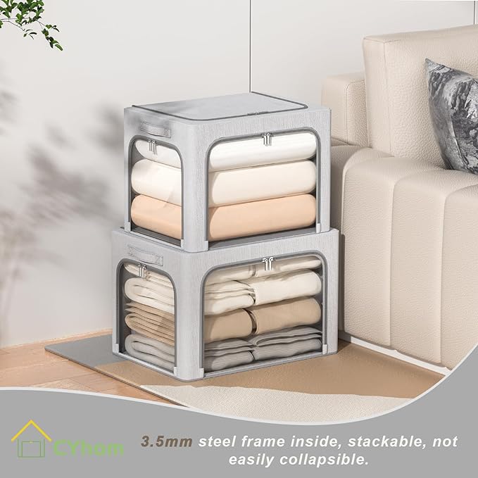 3 Openings Clothes Storage Bins Box - 3Pack Stackable Foldable Storage Bin - Metal Frame Storage Box Clothing Storage Organiz