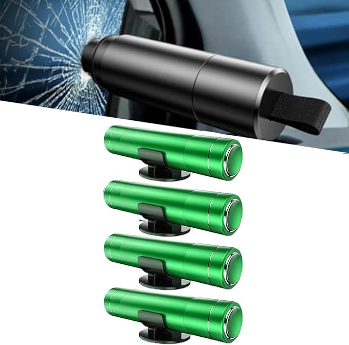 4Pcs Life Hammer Car Escape Tool and Seatbelt Cutter, Seat Belt Cutter and Glass Breaker, for Land and Underwater (4Pcs Green