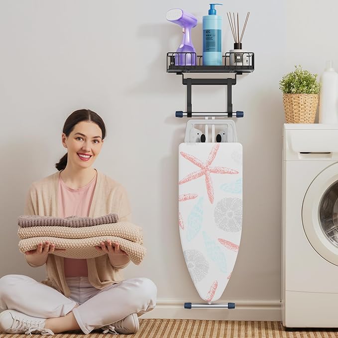 ORLESS Ironing Board Hanger Metal Wall Mount Iron and Ironing Board Holder, Laundry Room Decor and Storage with Large Storage