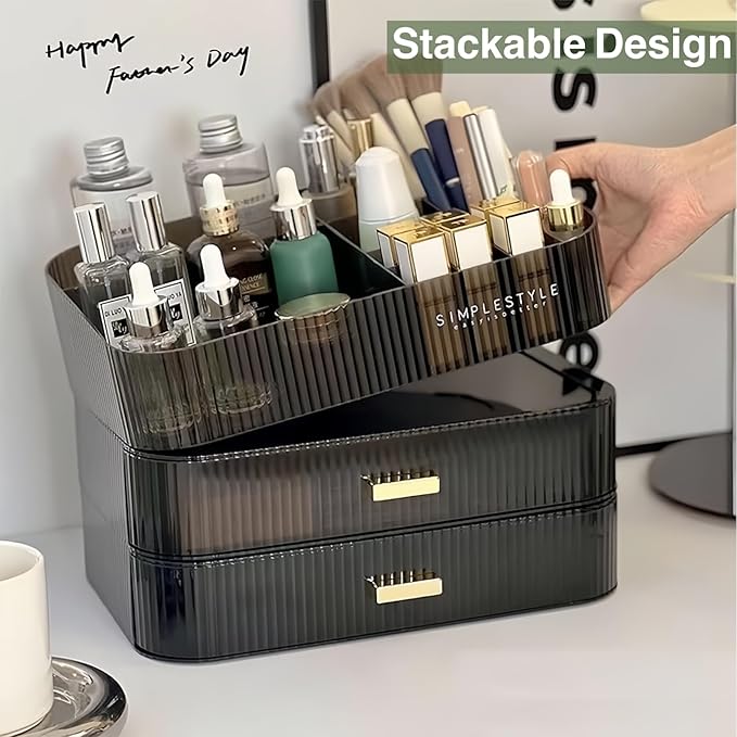 Makeup Organizer for Vanity, Large Desk Organizer with Stackable Drawer for Cosmetics, Skincare, Lipsticks, Palette, Nail Car