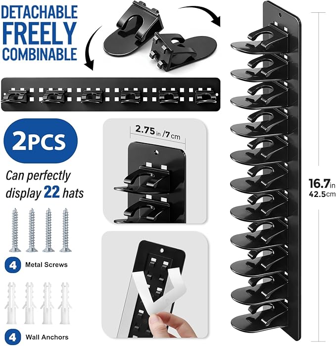 2 Pack Hat Hook Organizer for Baseball Caps, Hat Hanger Holder for 20 Caps, Wall Hat Rack with Strong Adhesive, Multilayer Ca