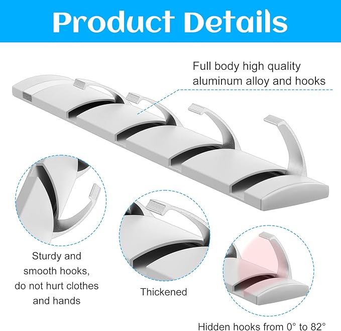 2 Pack Wall Mounted Coat Rack, Foldable Floating Rack, Space Saving Hangers Hook Rail with 5 Retractable Hooks, Aluminum Mode