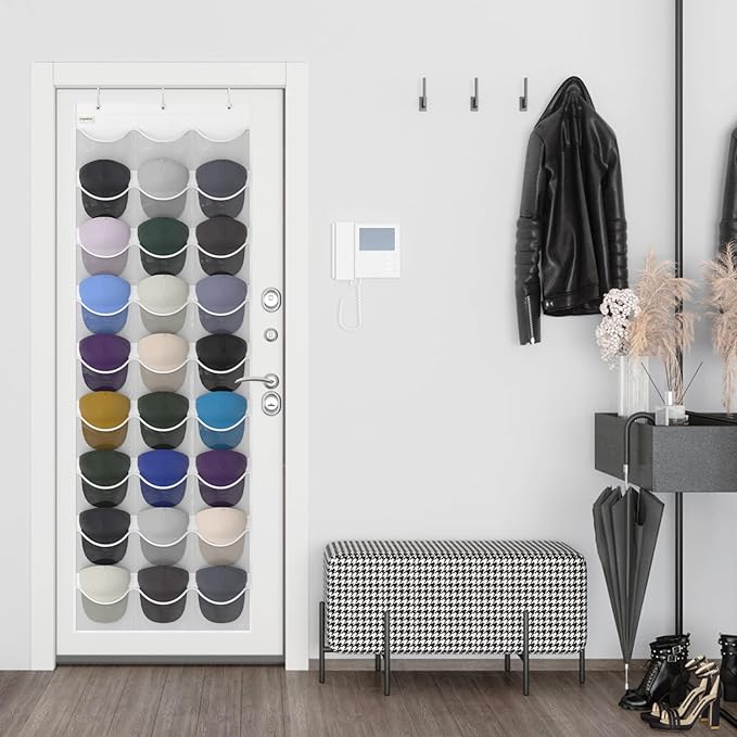 Unjumbly Baseball Hat Rack, 27 Pocket Over-The-Door Hat Organizer with Clear Deep Pockets to Display Baseball Caps Collection