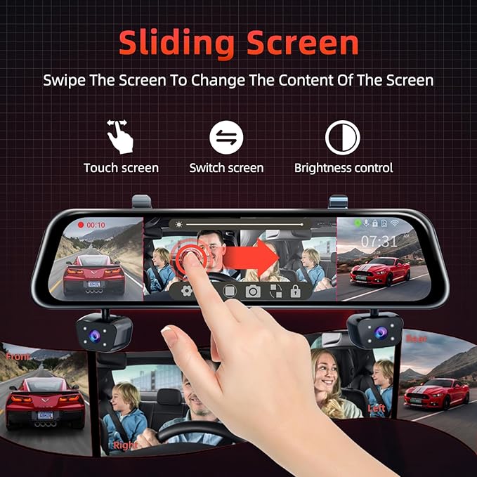 Mirror Dash Cam, 4 Channel Dash Cam Front and Rear/Inside, Touch Screen 12’’ FHD 1080Px4 Rear View Mirror Camera, 8 IR Night 