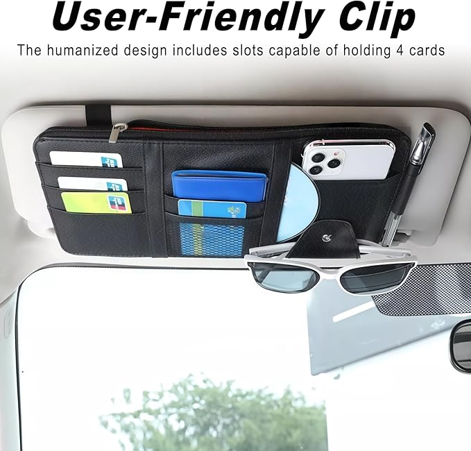 2 PCS Car Visor Organizer, Sunglasses Holder for Car Sun Visor, Leather Sunvisor Organizers with Sunglass Holder & Card Sleeve Pocket, Vehicle Accessories for Most Vehicle, Black