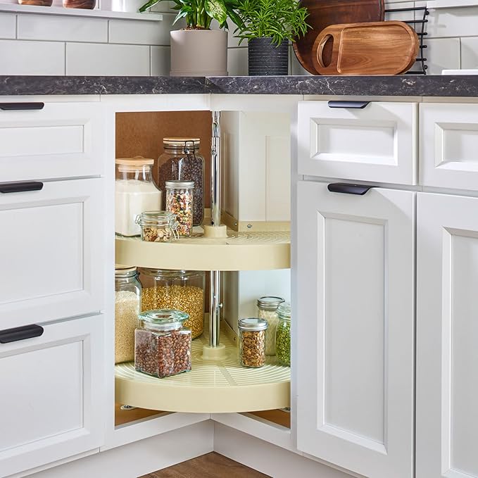 Rev-A-Shelf 28" Dual Tier Pie-Cut Lazy Susan Organizer for Base Corner Kitchen Cabinets, Two Plastic Home Storage Shelves, Al