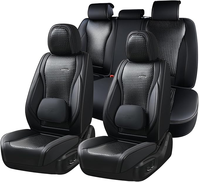 Coverado Car Seat Covers Full Set, Black Seat Covers for Cars, Waterproof Nappa Leather Automotive Seat Covers with Lumbar He