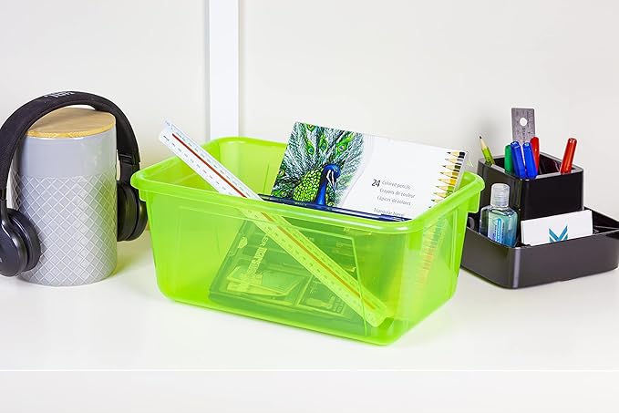 Storex Small Cubby Bins – Plastic Storage Containers for Classroom with Non-Snap Lid, 12.2 x 7.8 x 5.1 inches, Tint Green, 5-