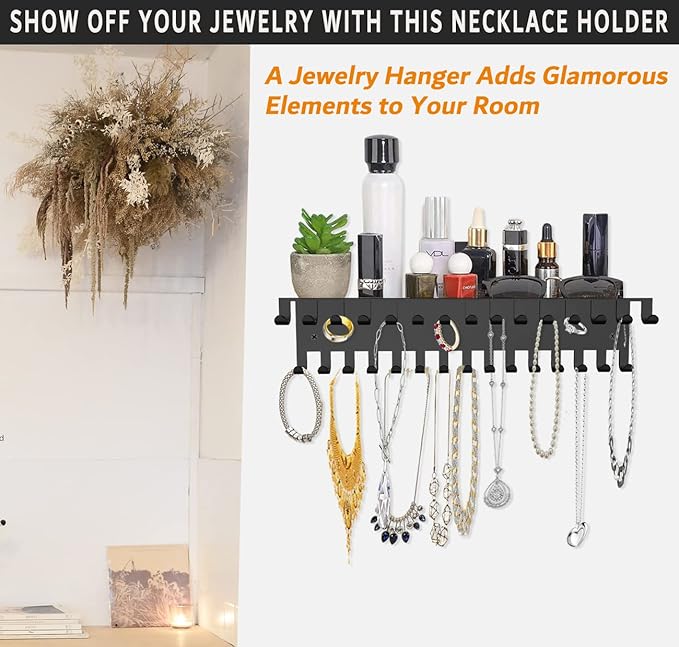 Necklace Jewelry Holder Wall Hanging Organizer Hangers Storage Mounted Shelf with 56 Hooks Tray Display Girls Women Metal Doo