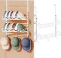 SWTYMIKI Over Door Hat Organizer - 3 Tier Wall Mounted Hat Rack with 2 Adjustable Metal Basket and 3 Hooks, Hanging Baseball 