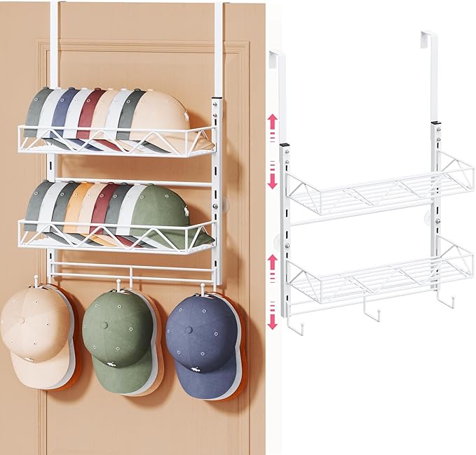 SWTYMIKI Over Door Hat Organizer - 3 Tier Wall Mounted Hat Rack with 2 Adjustable Metal Basket and 3 Hooks, Hanging Baseball 
