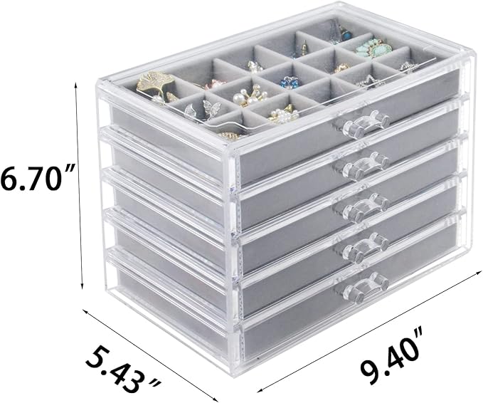 Watpot Acrylic Jewelry Box with 5 Drawers, Clear Earring Storage Organizer Display Case for Women Girls, Gray
