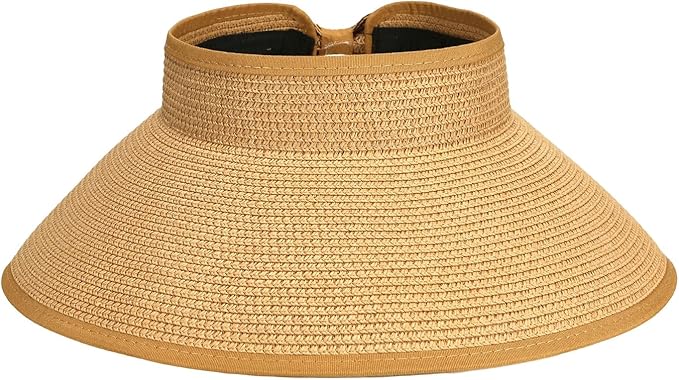 Sun Visor Hat for Women, Wide Brim Straw Summer UV Protection Hat, Foldable Roll-up Packable Beach Cap