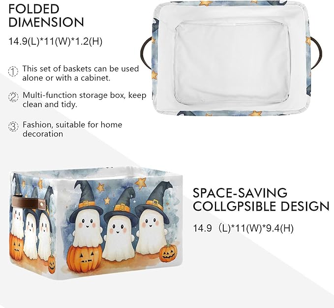 xigua Cute Cartoon Ghosts Storage Basket Foldable Storage Bin, Canvas Rectangular Storage Basket with Leather Handles for Hom