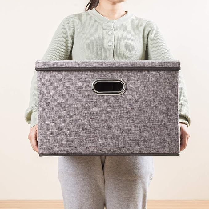 PRANDOM Large Foldable Storage Bin with Lid [1-Pack] Linen Fabric Decorative Storage Box Organizer Containers Basket Cube wit