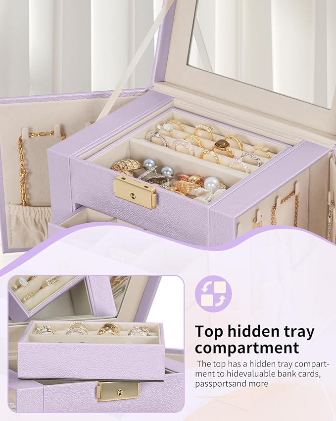 AKOZLIN 4-Tier Jewelry Box Leather Jewelry Storage Organizer with 3 Drawers Lockable for Women Girls Ring Necklace Earring Br