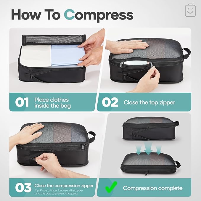 Veken 11 Set Compression Packing Cubes for Travel Essentials,Compressible Expandable Large Luggage Suitcase Organizer Bags fo
