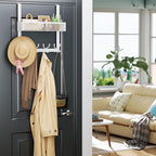Consumest Over The Door Hooks Organizer - Door Hanger with Mesh Basket & 16 Coat Rack Hooks, Back Storage Organizer for Bedro