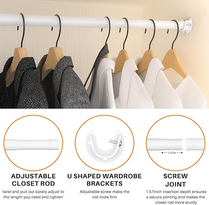 Closet Rod, Closet Rods for Hanging Clothes, 17 to 37 inch Adjustable Closet Hanging Rod, Heavy Duty Clothes Rod Clothing Bar