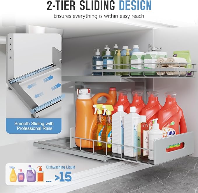 Under Sink Organizer Upgrade To Professional Rails,2-Tier Dual Pull Out Cabinet Storage,Height Adjustable Slide Out Drawers F